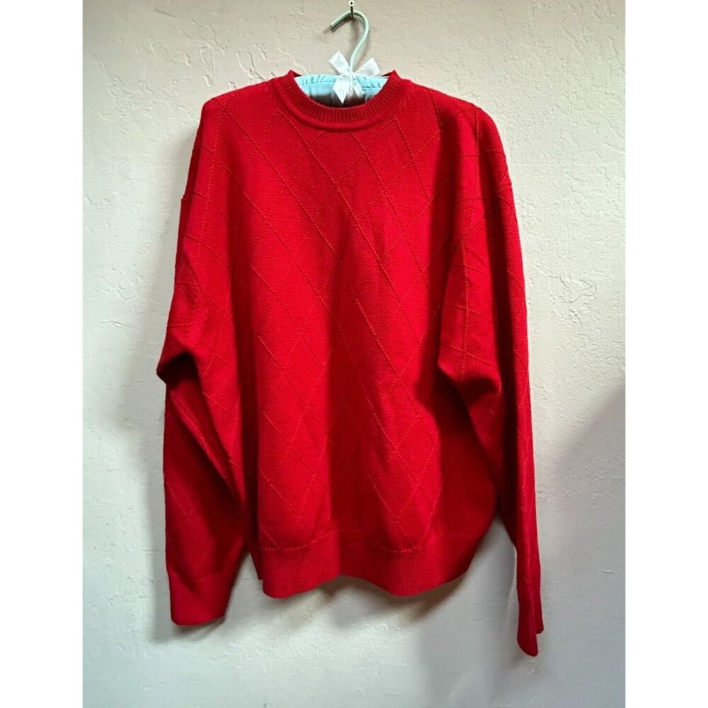 Robert Talbott Men Medium Red Merino Wool Argyle Knit Sweater Pullover Crew Neck